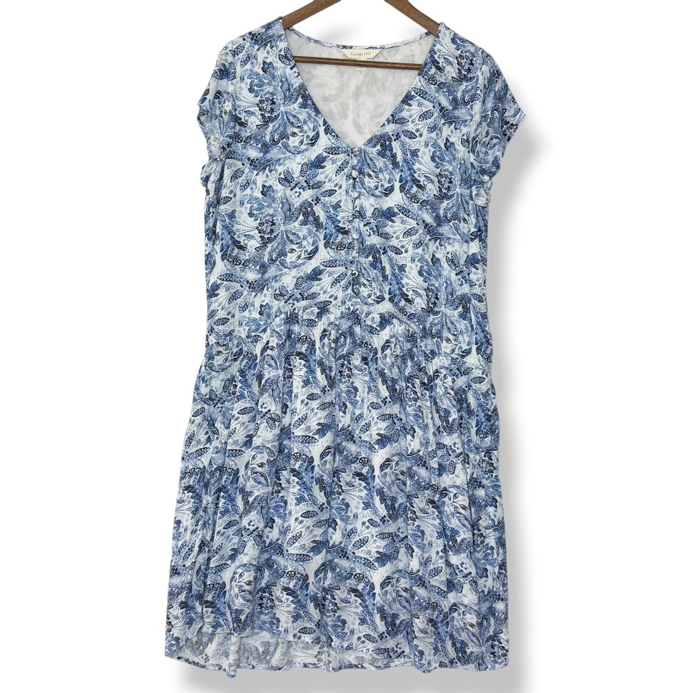 Garnet Hill Dress S Blue White Floral Paisley Cottagecore Chic Pockets EcoVero
